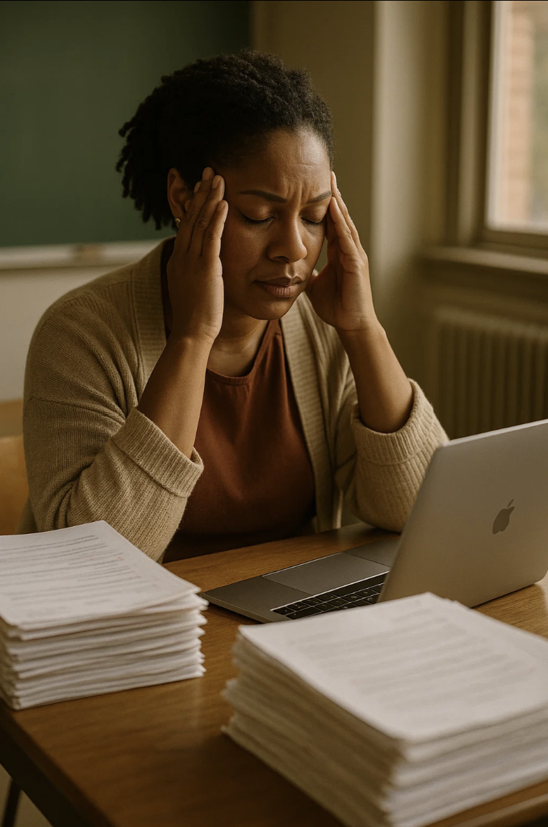 Exhausted teacher overwhelmed with administrative tasks
